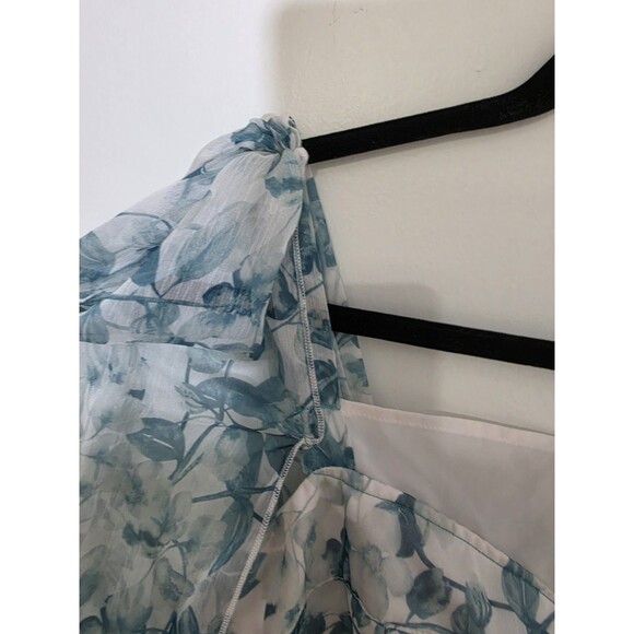 Minuet Blue White Floral Chiffon Maxi Dress Square Neck Sheer 3/4 Sleeve Size L - Picture 3 of 6
